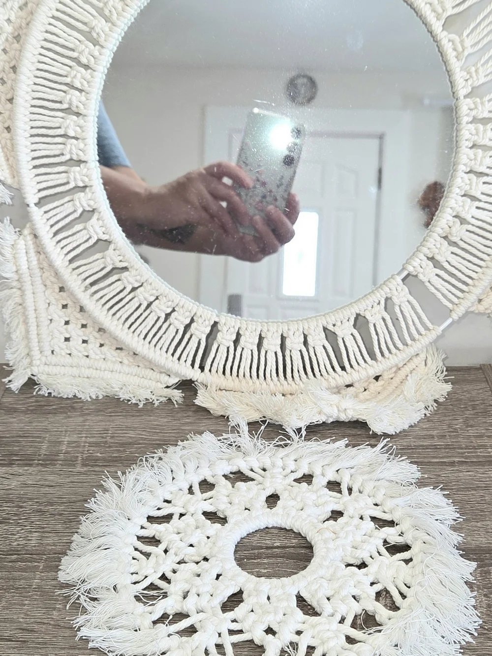 Handmade Macrame Wall Mirror Round Bohemian Beige Cotton Rope and Coaster SEE DE